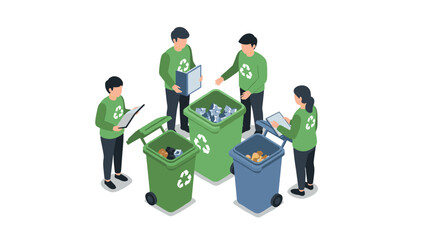 Isometric team organizing recycling bins with papers and waste management effort