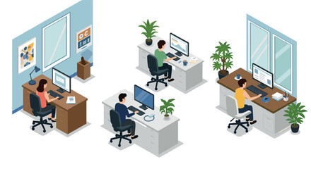 Modern office workspace in isometric style with diverse professionals