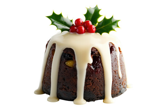 Festive plum cake with white sauce and holly isolated on a transparent background