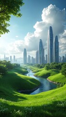 Obraz premium Futuristic city with organic architecture rises from rich green landscape beside winding river. Sleek towers blend with nature under a bright blue sky filled with white clouds.