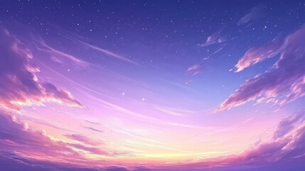 Experience the magical twilight sky painted with vibrant pink and purple clouds, dotted with distant stars, evoking wonder and tranquility for your projects.