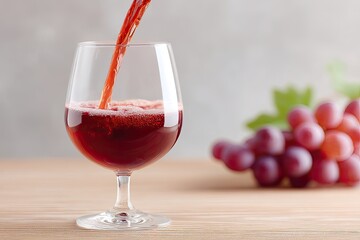 Close Up Macro Of Red Wine Being Poured Into A Clear Glass With A Bunch Of Red Grapes In The Blurred Background On A Wooden Table