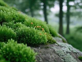 Close-up Macro Photo of Lush Green Moss and Tiny Orange Flowers Growing on a Rough Stone Surface with a Blurred Forest Background in Soft Natural Light