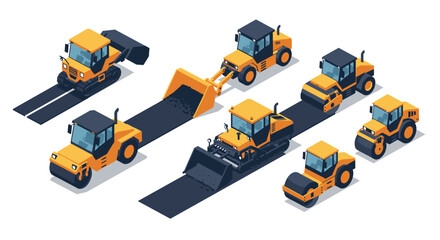 Isometric construction machinery collection on white background
