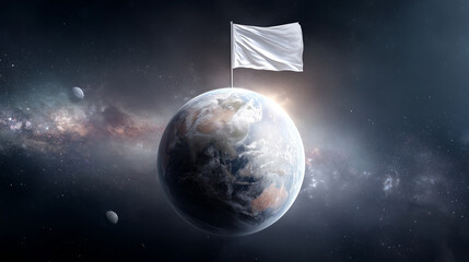 Weiße Friedensflagge über der Erde im Weltraum – Symbol für Frieden und Einheit