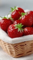 Close Up Macro Photo Of Ripe Red Strawberries In A Wicker Basket With White Cloth In Soft Natural Daylight