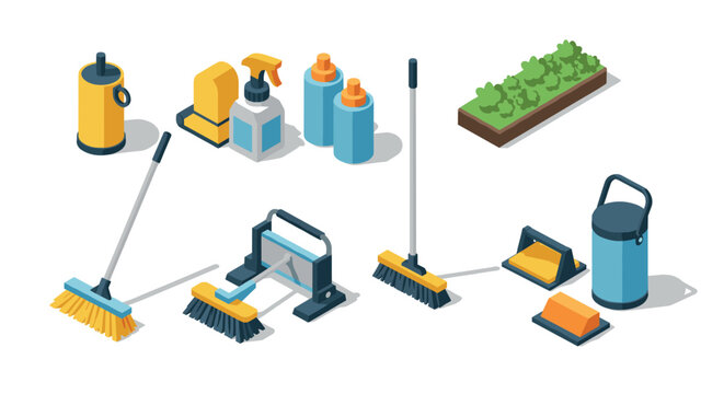 Isometric cleaning tools and gardening objects for home and garden maintenance
