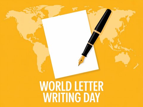 World letter writing day celebrated with pen and paper on a global map background - Powered by Adobe
