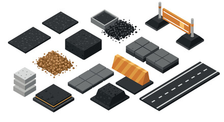 Isometric construction materials set with asphalt pavement and road elements