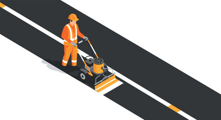 Isometric road worker painting traffic lines with machine on asphalt