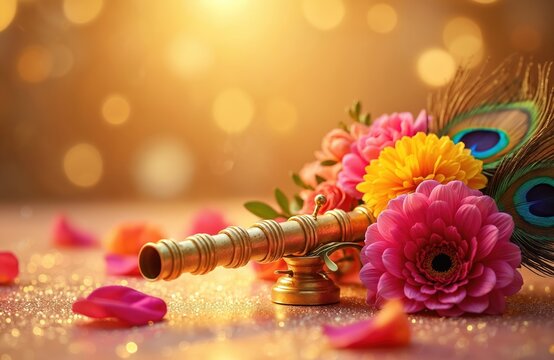 Golden flute, vibrant flowers, peacock feathers arranged on glittering surface. Soft warm light bokeh background. Festive, celebratory, spiritual composition with Indian cultural elements. Decor for