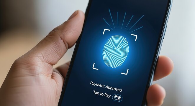 Secure mobile payment with fingerprint authentication technology on smartphone screen