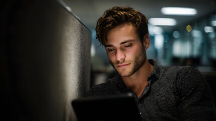 Young man using a tablet computer in a modern office cubicle at night