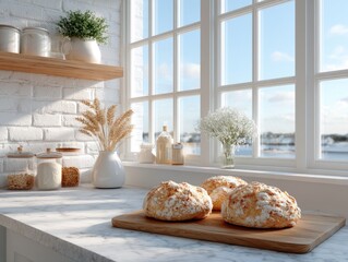 Bright Minimalist Kitchen Counter With Freshly Baked Breads And A Vase Of Wheat Near A Large Window With Sun Light And Blue Sky Overlooking Water
