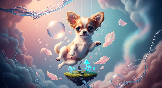 A small Chihuahua puppy floats on a tiny island amidst clouds, bubbles, petals, and whimsical, dreamlike elements.
