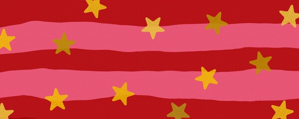A playful background with red and pink horizontal stripes. Golden stars are scattered across the image, adding a touch of magic and whimsy. The colors and design give a fun and cheerful feel.