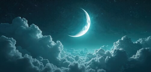 Crescent moon glows brightly in starry night sky surrounded by ethereal clouds. Celestial scene evokes wonder and tranquility, ideal for spiritual or cosmic themes.