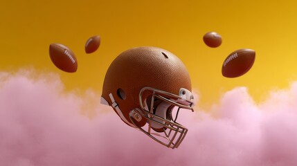 3D illustration of a football helmet floating amidst pink clouds with flying footballs in the background, creating a dynamic and energetic atmosphere for sports-themed design concepts
