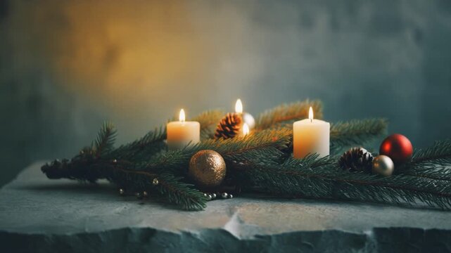 Warm and inviting Advent wreath centerpiece with four glowing candles, evergreen branches, and festive ornaments, creating a serene and traditional holiday atmosphere for celebration and reflection