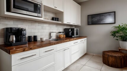 Fototapeta premium Modern office breakroom with white cabinets wooden countertop and coffee amenities