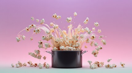 Popcorn bursting from a black pot, creating a dynamic explosion of fluffy kernels against a vibrant pink gradient background, capturing the joy and excitement of movie snacks in a playful scene