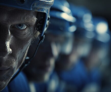 Hockey Team. A determined hockey player gazes intensely from the bench, embodying team spirit and competitive drive. The image conveys intensity, focus, and athletic passion.
