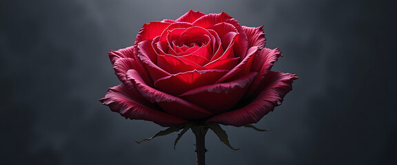 Otherworldly, high-definition digital portrait of a single, perfect ruby-red rose in full bloom, its dense petals arranged in perfect symmetry, each catching the light like a faceted gem, glowing from
