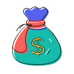 Colorful money bag illustration with dollar sign, perfect for finance blogs, investment guides, and business presentations, wealth and financial success