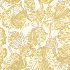 Luxurious pattern with graceful curving Icelandic poppies in vanilla on white for fabric and paper
