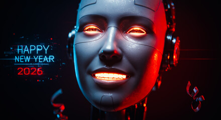 A futuristic, humanoid robot celebrates New Year 2026. A close-up showcases the robot's artificial features. It's a blend of technology and the festive cheer of New Year.