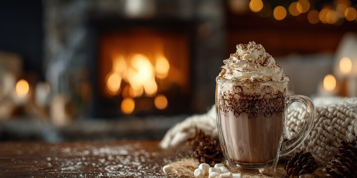 Elegant photo of cozy hot chocolate with whipped cream by a fireplace.