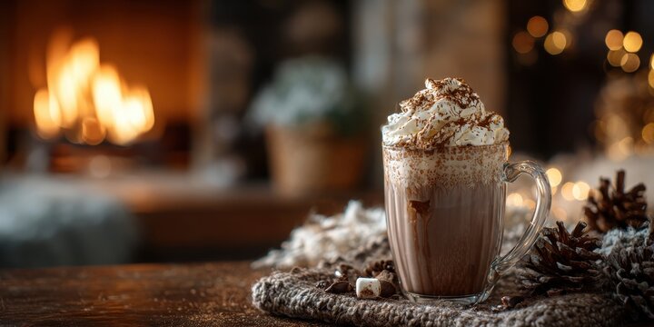 Elegant photo of cozy hot chocolate with whipped cream by a fireplace in winter.