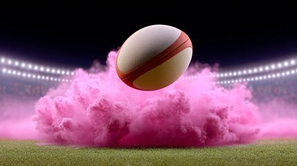 Rugby ball soaring through vibrant pink smoke on a sports field, illuminated by stadium lights, capturing the dynamic energy and excitement of athletic competition and the spirit of the game