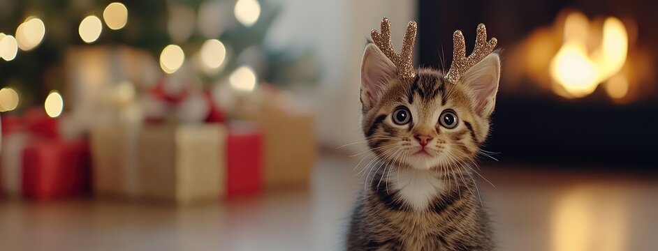 Adorable grey tabby kitten with reindeer antlers by the Christmas tree surrounded by colorful presents and a warm fireplace glow