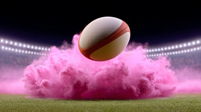 Rugby ball soaring through vibrant pink smoke on a sports field, illuminated by stadium lights, capturing the dynamic energy and excitement of athletic competition and the spirit of the game