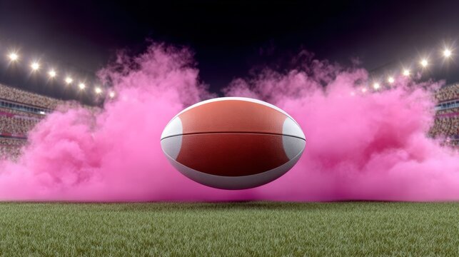 Rugby ball suspended in mid-air surrounded by vibrant pink smoke, set against a blurred stadium backdrop, capturing the excitement and energy of a sports event with dynamic visual appeal
