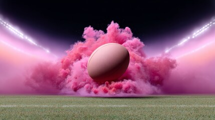Pink rugby ball emerging from vibrant smoke cloud on a grassy field, illuminated by stadium lights, creating a dynamic and energetic atmosphere for sports enthusiasts and fans