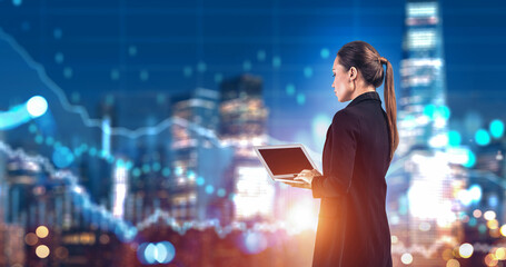 Woman using laptop, modern digital graphic style, city skyline background, concept of finance, business analysis, technology, and data trends