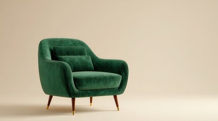 Elegant photo of plush emerald green armchair with accent pillow on neutral background.
