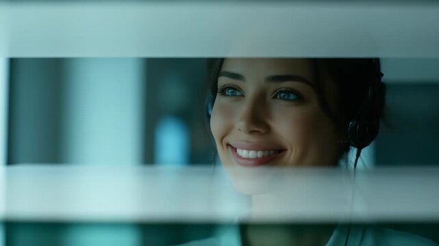 Portrait of a smiling female customer service representative wearing a headset, ready to assist clients. Modern office background highlights a professional and efficient work atmosphere