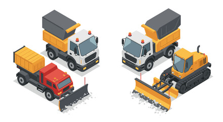 Isometric construction vehicles set featuring modern trucks and bulldozer