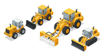 Isometric construction vehicles set: bulldozers, loaders, and snowplow in yellow