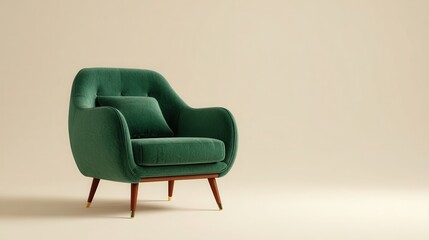 Elegant photo of luxurious green velvet armchair with a small cushion.