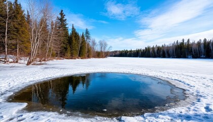 Winter landscape with a frozen lake and clear blue sky  
