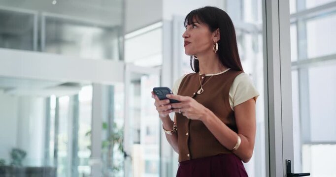 Excited, employee and woman with smartphone, office or reading updates for event, happy and texting. Creative, coordinator and mature person with mobile for communication, laugh and plan for project