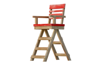 Lifeguard chair placed on a clear background with focus on its wooden structure and vibrant red seating for safety and supervision
