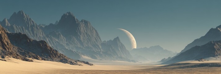 Elegant photo of alien landscape with mountains and a large moon in the sky.