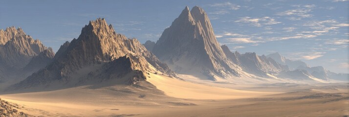 Elegant photo of majestic mountain range in a desert landscape under a clear sky.
