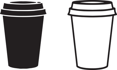 Disposable coffee cup vector icon set in solid silhouette and outline style