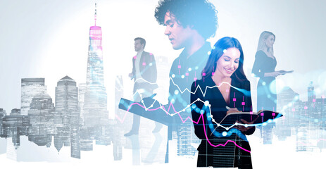 Group of business people with transparent financial charts over city skyline, in a double exposure style, representing finance, teamwork, and business concept